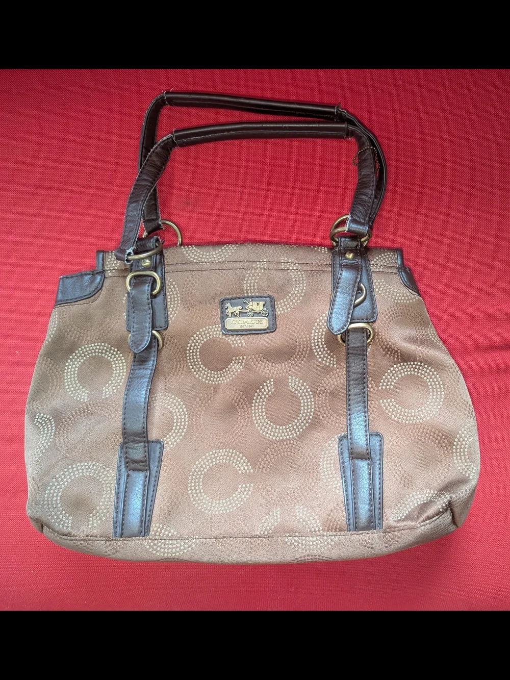 Purse Tote Shoulder Bag Dark Brown Trim Dotted C Coach Logo Design Decent Shape - Picture 1 of 13